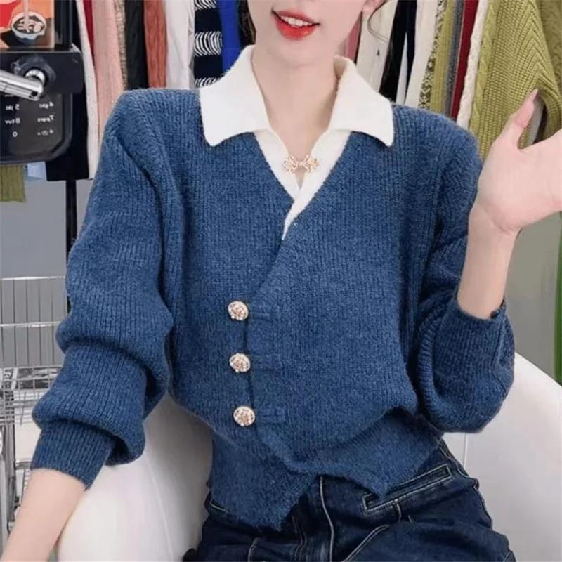 Fake Two Pieces Stitching Knit Sweater Cardigan Women Autumn Winter Temperament Casual Knitted Female Knitwear Sweater Tops