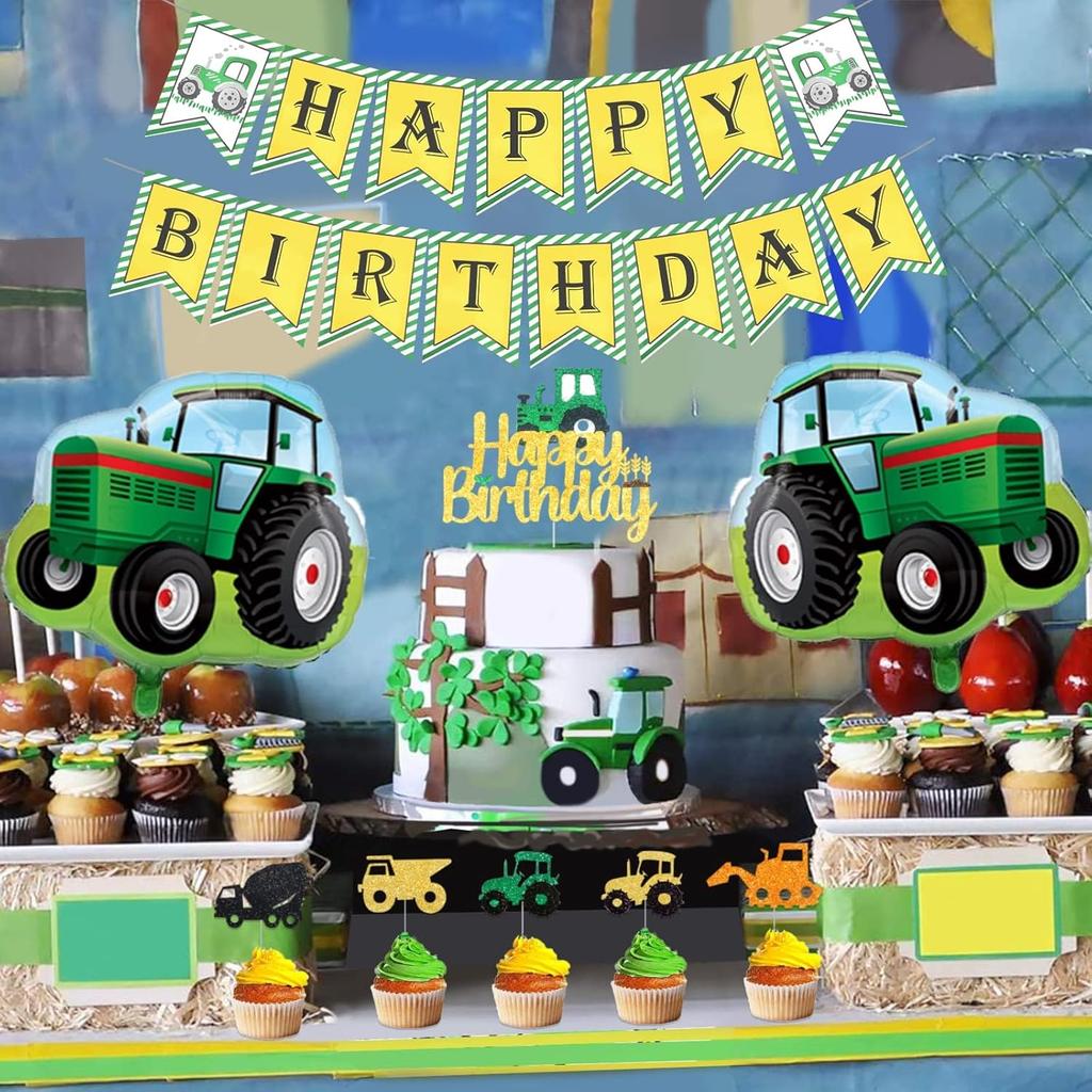 Tractor Birthday Party Decorations, Farm Green Tractor Theme Birthday Decorations Backdrop Balloon Garland Arch Banner Cake Cupcake Topper Tractor