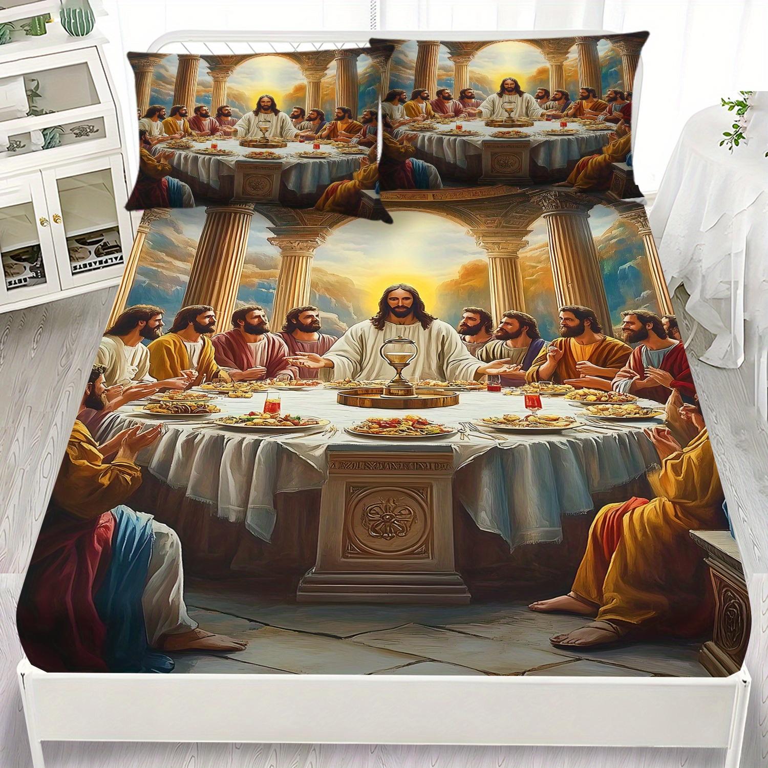 

Latacaca 3pcs Jesus and His Disciples on the Table The Last Supper Pattern Fitted Sheet Set 1 Fitted Sheet and 2 Pillowcases EU Twin(135x200cm)