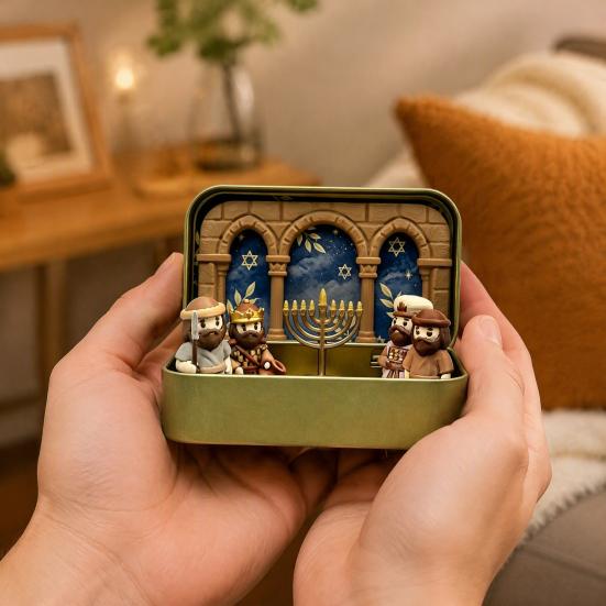 Miniature Scene Decor Hanukkah Diorama Box, 3D Printed Pocket Figurine Set with Starry Sky Pattern Storage Case, Menorah Micro Tabletop Decor, Jewish