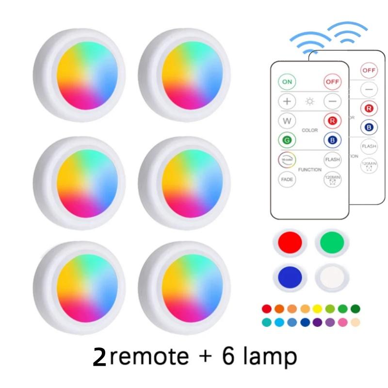 

RGB цветные подсветки под шкафом с дистанционным управлением, регулируемая яркость, ночник для гардероба, беспроводной светодиодный светильник на батарейках для кухни, спальни, шкафа