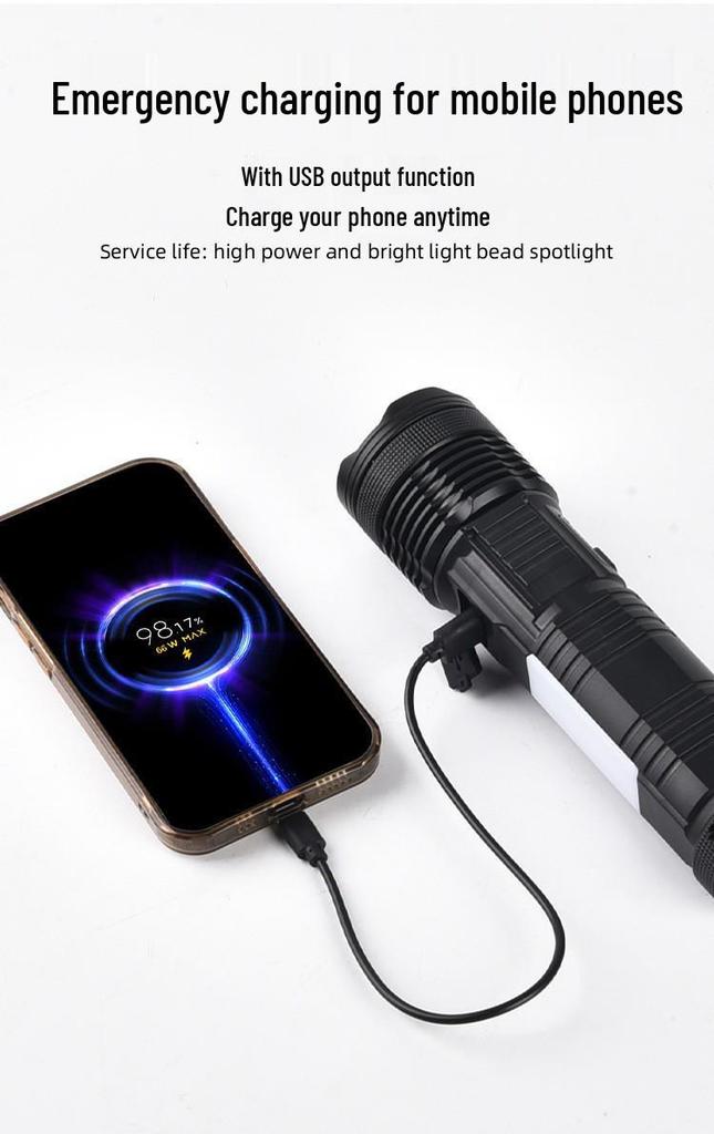 High-Brightness Long-Range Rechargeable LED Zoom Flashlight with White Laser and Digital Display for Outdoor Use