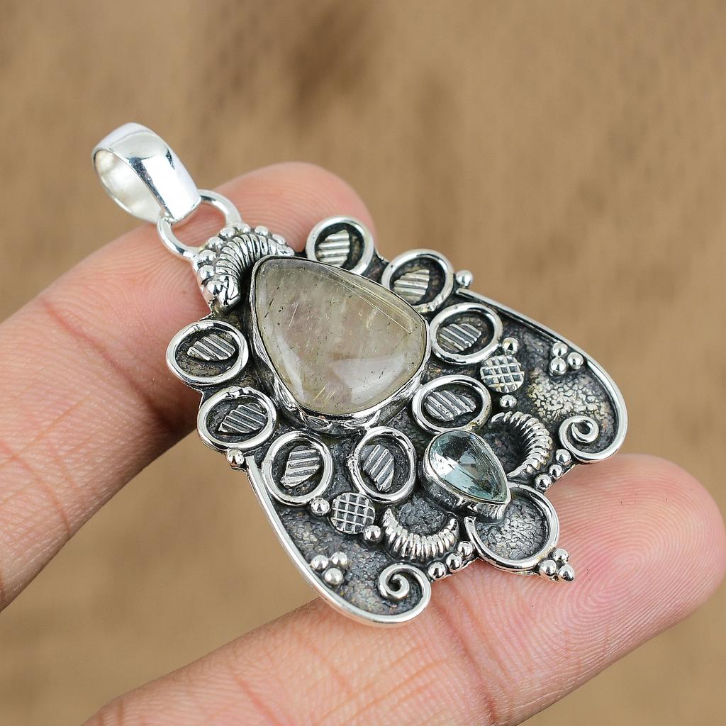 Gift For Her 925 Sterling Silver Natural Golden Rutile Gemstone Jewelry Pendant