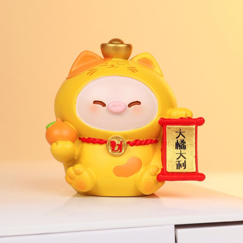 Cat Decor Resin Figurine With Wealth Symbols For Home Office Gift Ideas