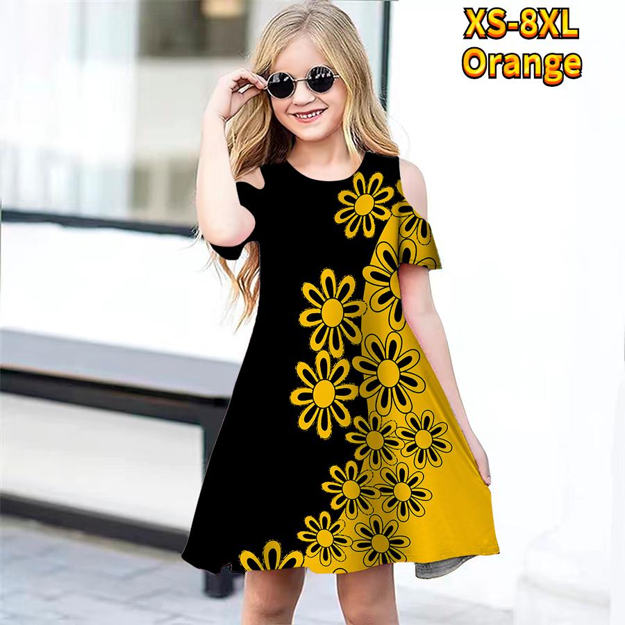 Girls Floral Pink Stitching Print Dresses Kids Girl Party Off Shoulder Dress Princess Dress Short Sleeved Dress For Girl Over 4 Years