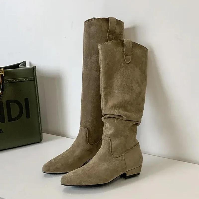 Vintage Women Western Knee High Boots Fashion Pleated Long Booties Concise Square Low Heels Shoes