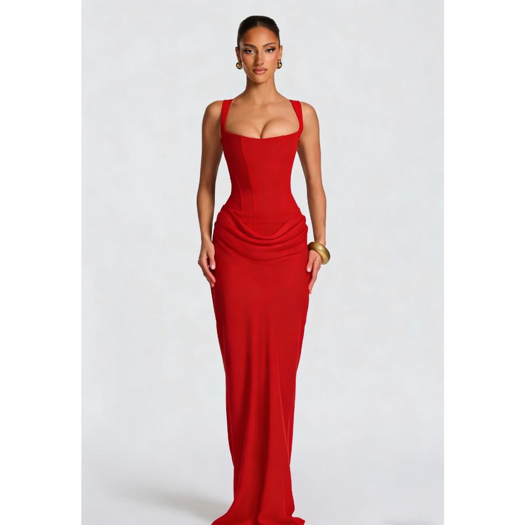 Women's Long Sleeve Slim Fit Corset Strappy Solid Bodycon Maxi Dress, Casual Pure Aesthetic Evening Dress for Europe America