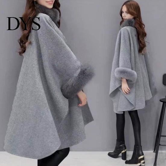 Winter Coat Lady Cape Dolman Sleeves Thick Shawl Loose Stand Collar Solid Cozy Wool Blend Trench Color Faux Fur Decor Warm Daily Wear Work Outdoor
