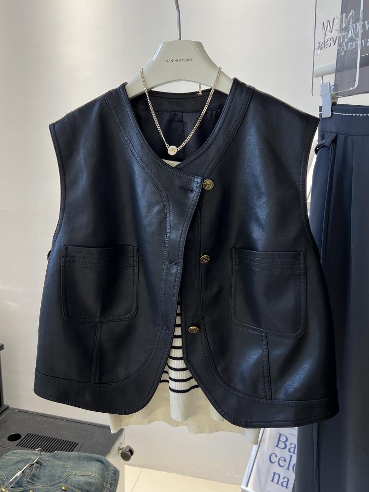Women's PU Leather Motorcycle Vest - Short Sleeveless Waistcoat, 2025 Autumn Korean Style Outerwear