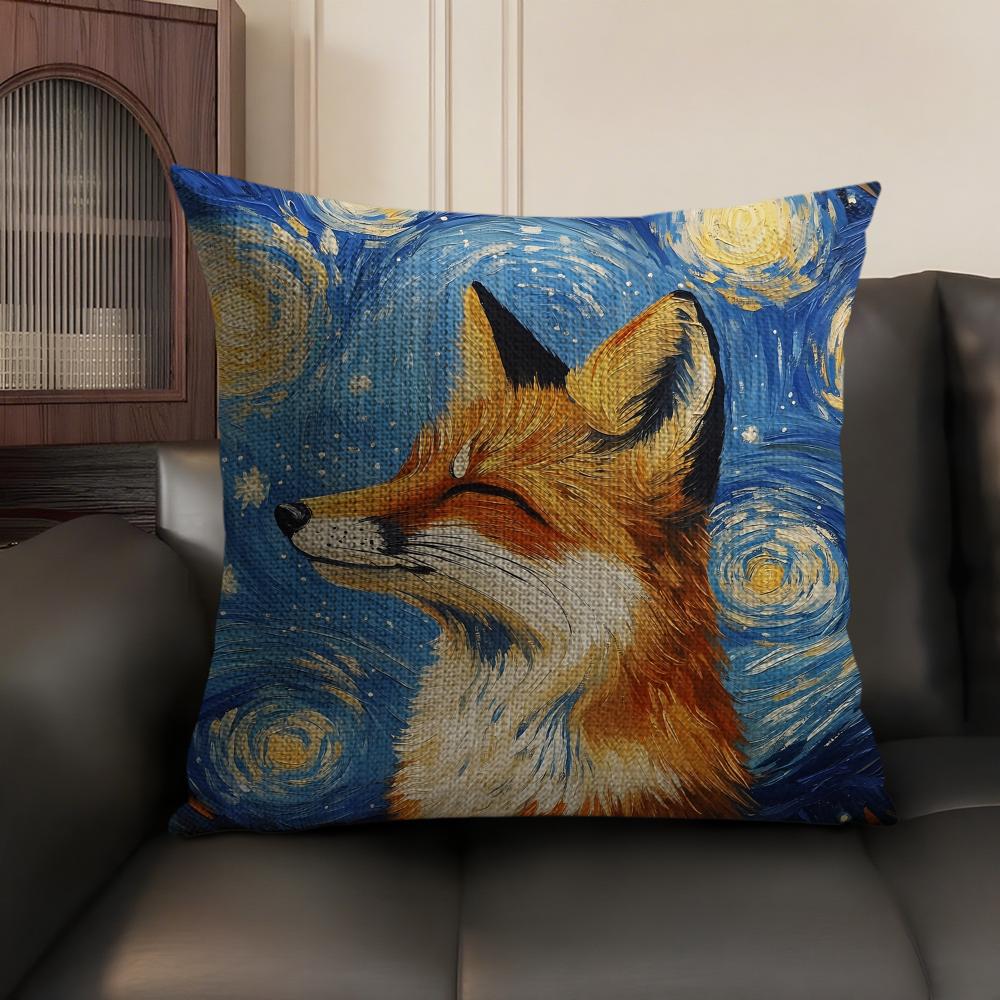 Cute Fox Cushion Cover Summer Breathable Linen Organic Fabric Double-Sided Printing Sofa Pillow Case Home Decor