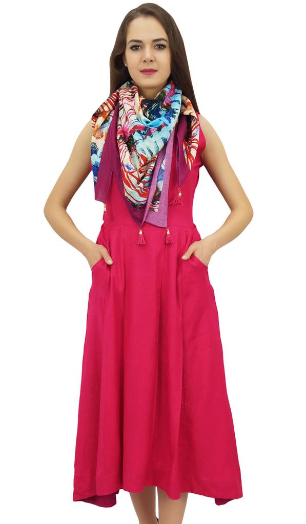 Bimba Women's Designer Rayon Dress With Pockets Solid Aqua Maxi With Scarf -
