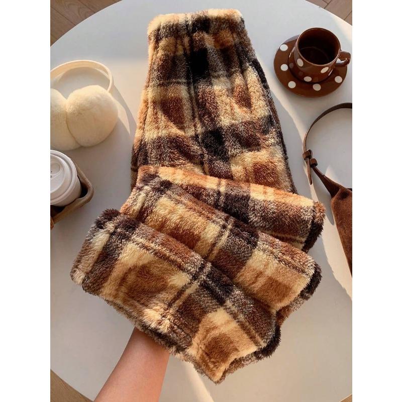 Women's Elastic Waist Brown Daily Casual Flannel Plush Pants for Autumn and Winter Warmth Comfort Home Casual Plush Sleep Pants