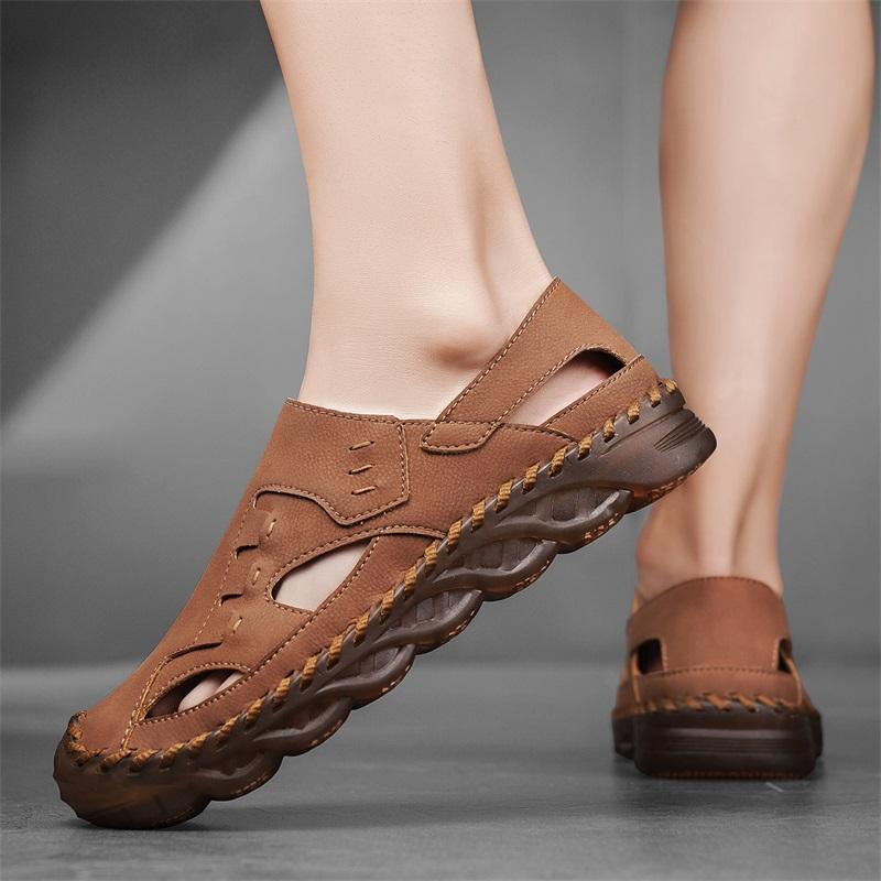 Men Outdoor Hiking Sandals Handmade Flats Black Summer Roman Sandals Retro Wide Leather Beach Shoes Over Sized