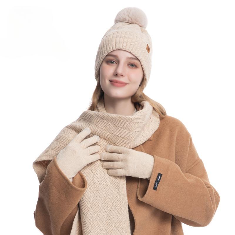 Women's Three Sizes To Choose From: Knitted Hat, Scarf, Glove, Women's Autumn and Winter Outdoor Warm Double Layer Knitted Hat