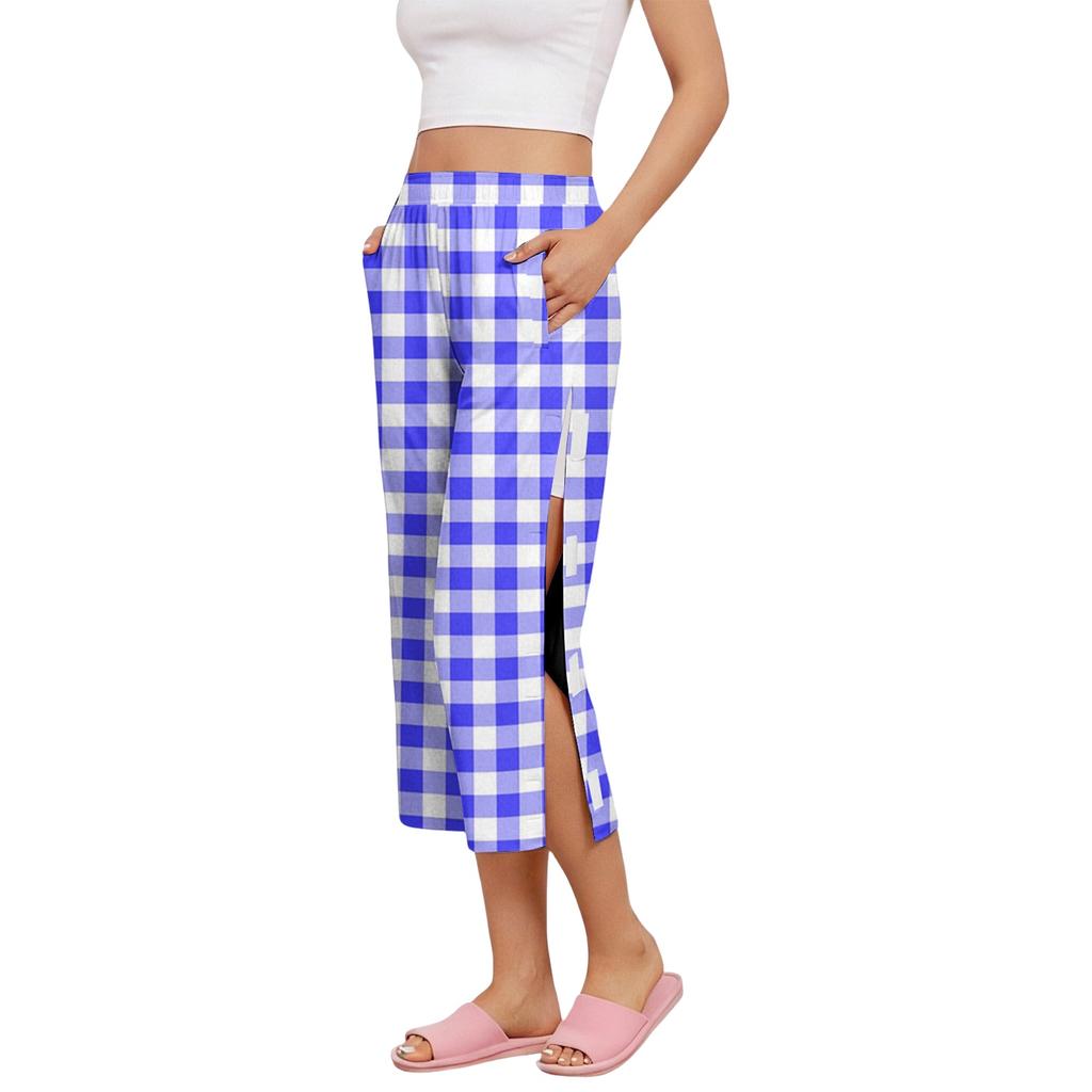 Pantaloni Capri da Donna per il Recupero Post-Chirurgico con Apertura Laterale, Vita Elastica, Leggeri, Comodi, Vestibilità Larga, Fantasia a Quadri