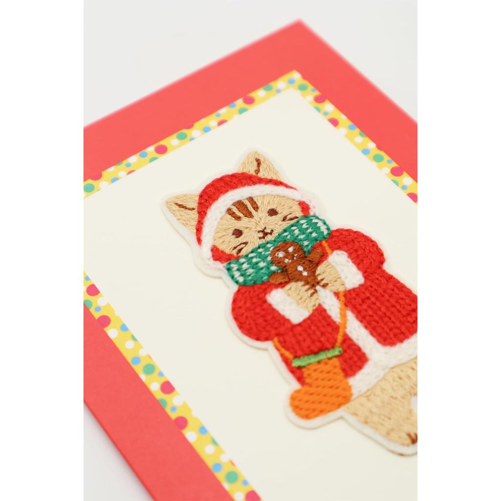 Embroidered Christmas Card with Cat in Red Coat Leaf Work Company Card with 3D Message Stylish Celebration Greeting Card for Handmade Gold Luxury