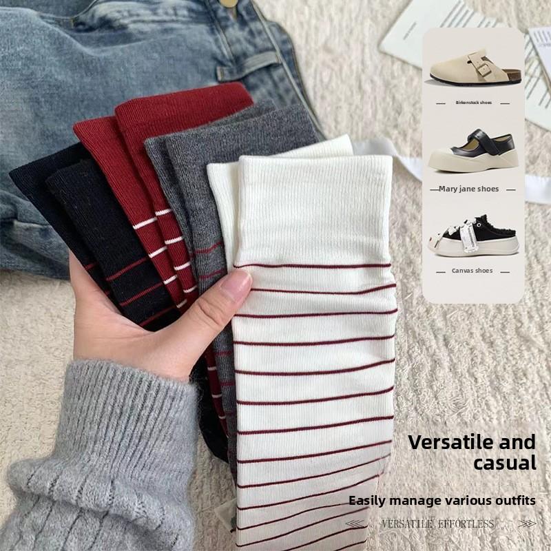 5 Pairs  Autumn and Winter Ankora Red Socks Women Straight Board Boneless Cotton Mid-calf Hundred Stripes Polka Dot Stacked Socks