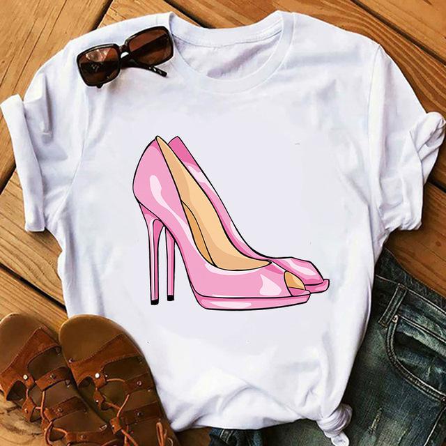 Kpop Korean Fashion High Heels Graphic Woman T-Shirt 90S Summer Loose Short Sleeve O-Neck Female Tops Kawaii Clothes