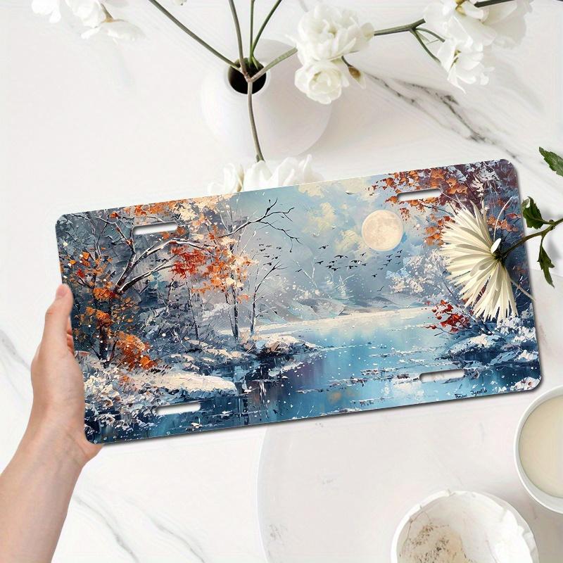 2D Flat, 1pc, Only for Decoration, Poster, 6x12inch Winter Forest Aluminum Car License Plate - Forest Snow Scene with Trees and Moon, Car Front Licens