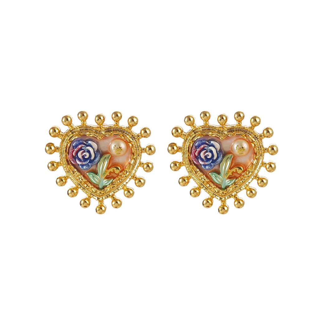 French court style natural pearl oil painting series niche high-end earrings retro new love geometric earrings women