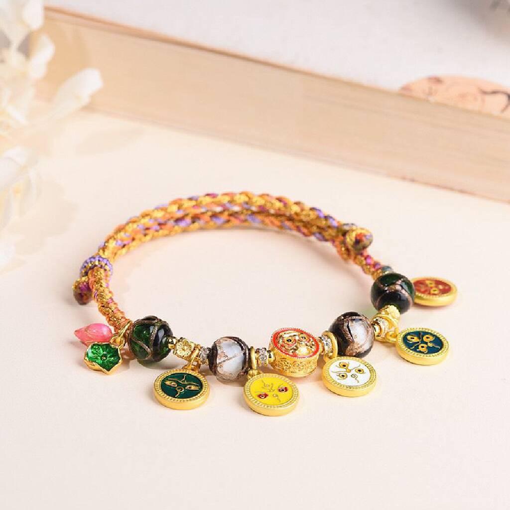 Tibetan-Style Eight Guardian Deities Bracelet with Six Syllable Mantra - Handwoven Cotton Thread Ethnic Reincarnation Gift