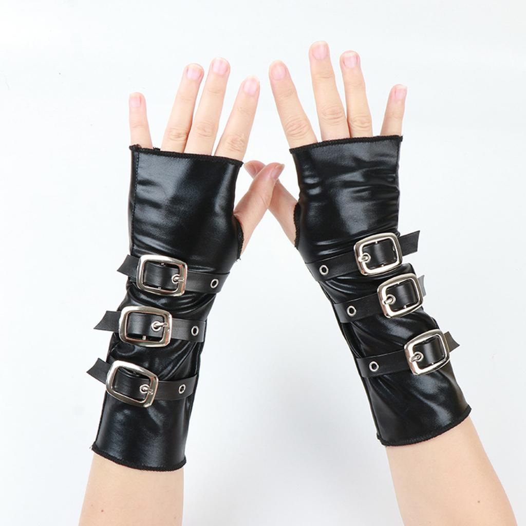Aesthetic Party Gloves Stylish Metal Buckles Comfortable PU Leather Arm Gloves for Women Men Daily and Evening Party