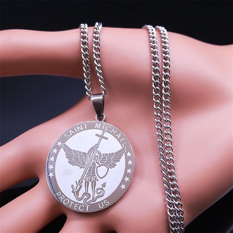 Collana Pendente San Michele Proteggici per Donne Uomini Acciaio Inossidabile Arco Tondo Arcangelo Collane Lunghe Gioielli Hip Hop N2350S05