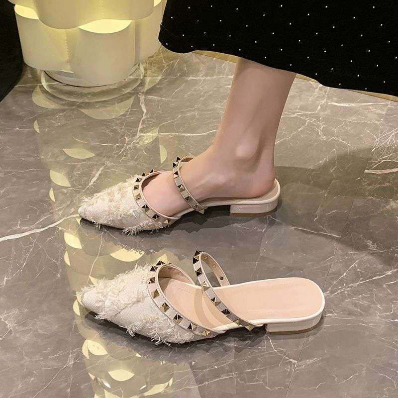 Rivet bag head half slippers women's summer wear new suede thick heel low heel one pedal lazy pointed sandals with skirt