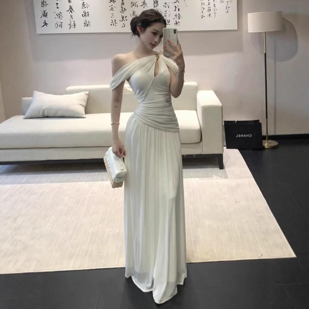 French Gentle Wind One-word Shoulder Off-the-shoulder Suspender Dress Women's Spring New Waist and Thin High-end Long Skirt