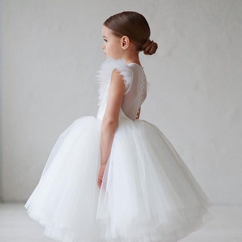 Children Solid Fashion Bow  Mesh Fluffy Sleeve  Little Girl Join Wedding Party Sleeveless Princess Dress