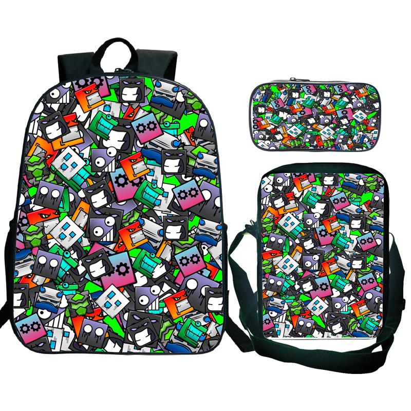 Angry Geometry Dash Backpack 3pcs School Bag Waterproof Student Girls Boys Children Mochila with Pen Bag