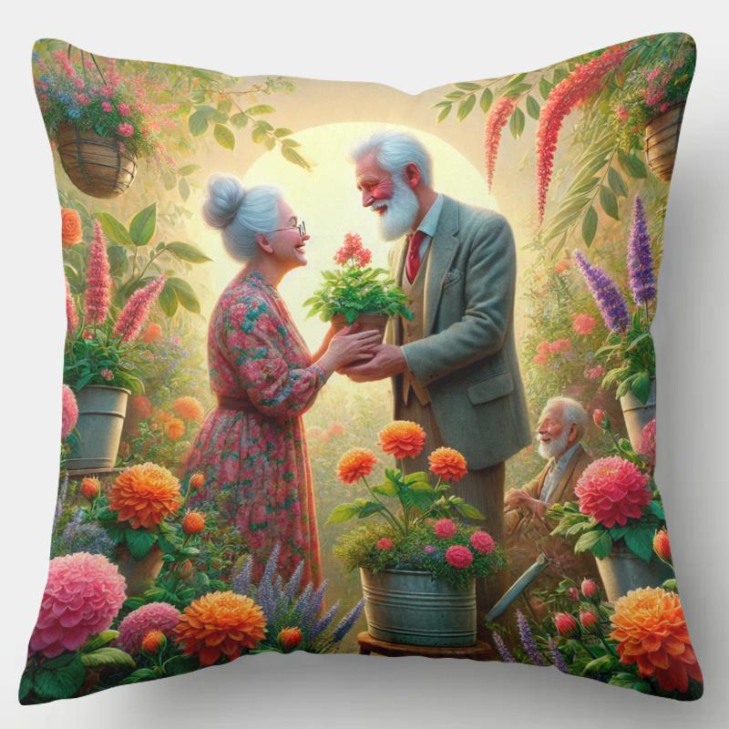 pc D Flat (Pillow Not Included) Elderly Couple Garden Flowers Cushion Cover Short Plush Romantic Home Decor Pillow Case