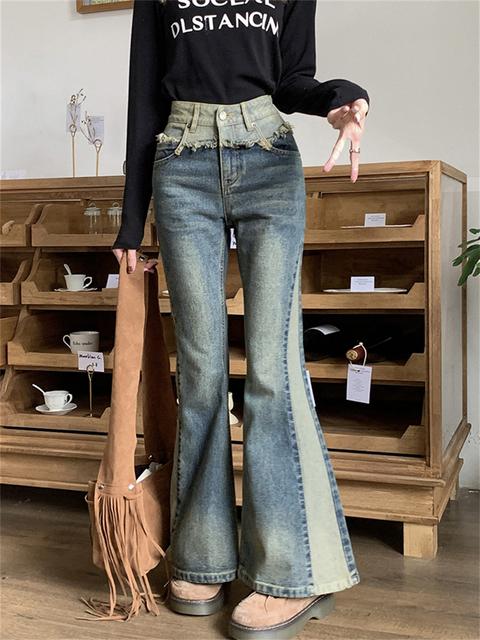 

Джинсы-клеш с необработанными краями, женские весенне-летние американские уличные повседневные модные джинсовые брюки контрастного цвета, женские XL синий