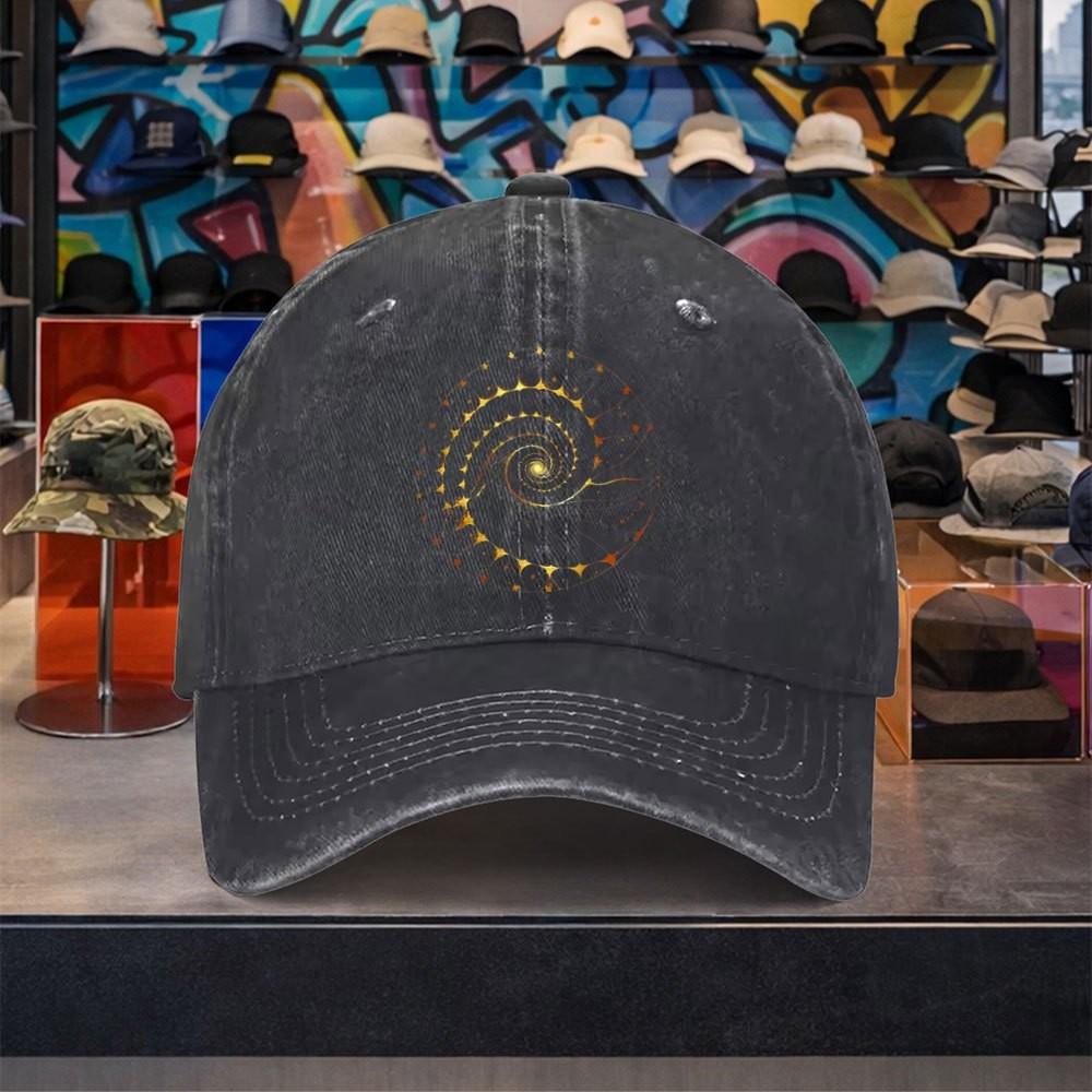 Golden Spiral Pattern Washed Denim Baseball Cap Adjustable Sun Hat Unisex Outdoor Travel Accessory