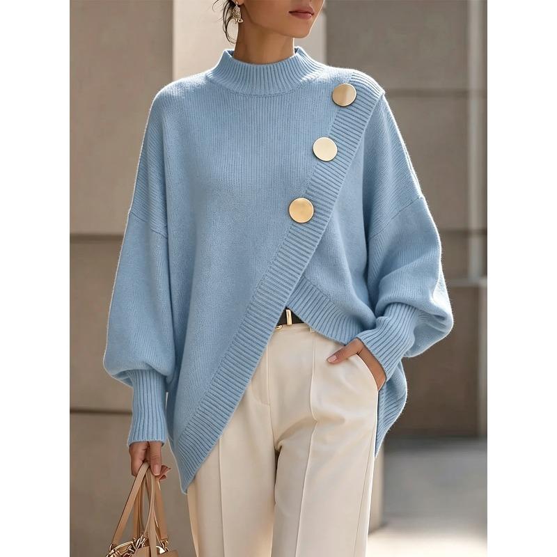 HNXC Women's Long Sleeve Mock Neck Asymmetric Sweater Fashion Casual Autumn Winter Loose Sweaters Classic Exquisite