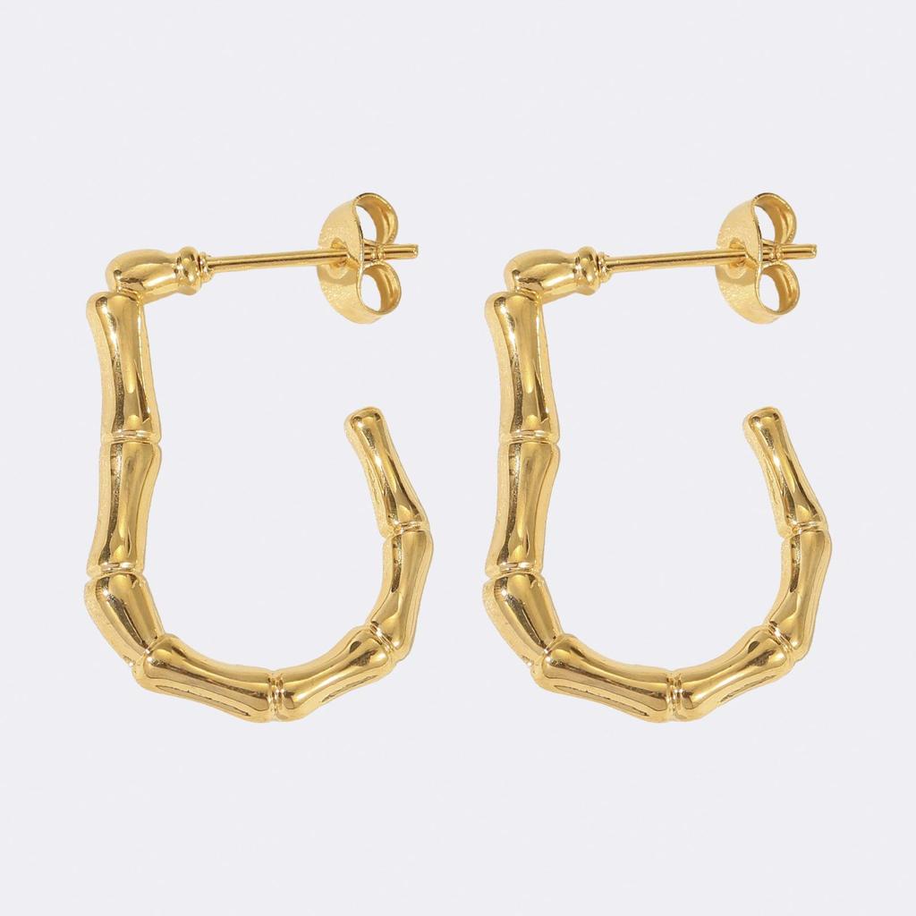 304 Stainless Steel Bamboo Texture C-Shape Hoop Earrings for Women