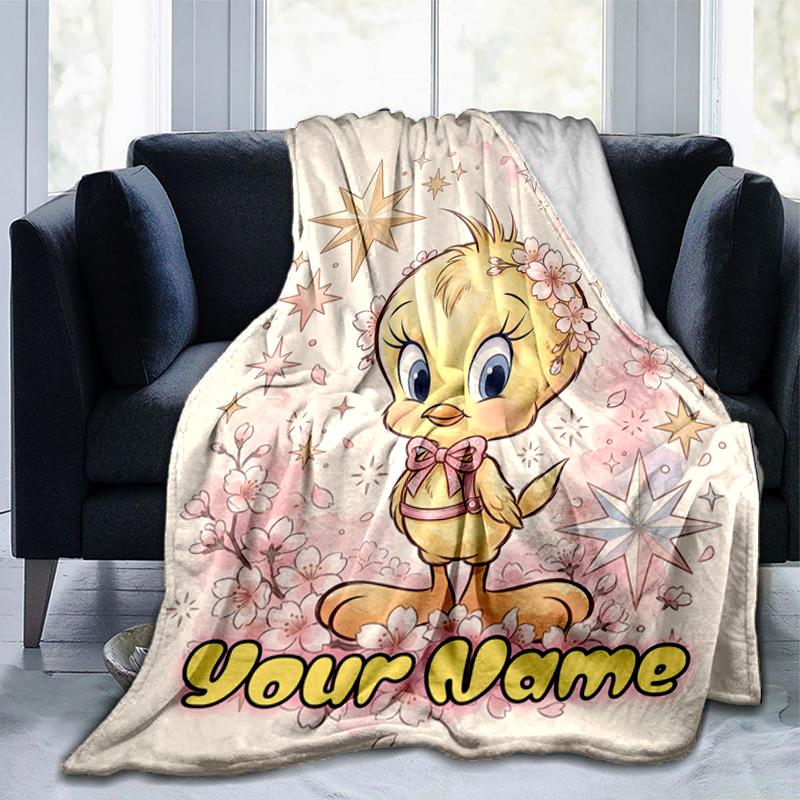 1PC Custom Name Tweety Bird Stars Theme flannel blanket versatile,all-season throw suitable for the living room,bedroom,camping,travel,and gift