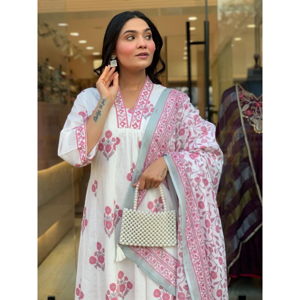 Floral Printed Aline Kurti Pant Dupatta Set Indian Women' Ethnic Kurta Set Dress