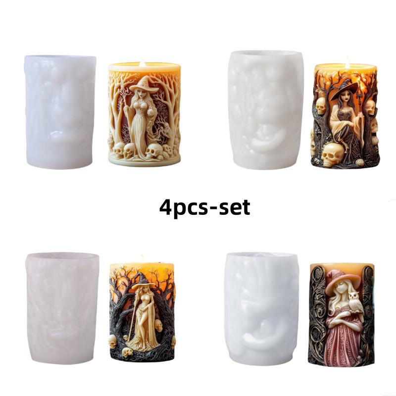 3D Witch Cylinder Candle Silicone Mold DIY Skull Witch Relief Cylinder Aromatherapy Resin Silicone Mould Halloween Decor Gifts