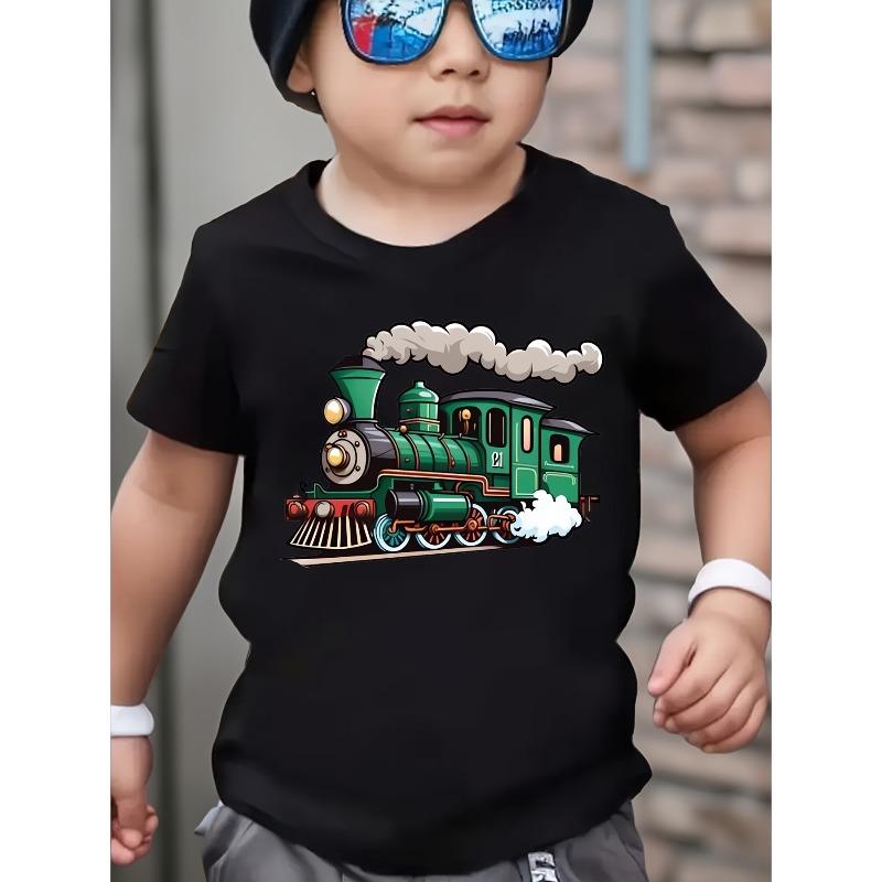 Boys' T-Shirt with a Green Train Design - Stylish Round Neck, Multi-Functional
