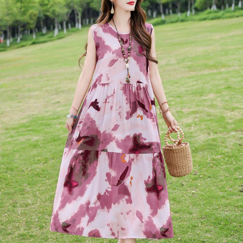 Elegant Sleeveless Dress for Women Plus Size Loose Vintage Print Long Dress Summer Middle-aged Women's Clothing