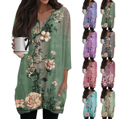 Women's Casual V-neck 3/4 Sleeve Vintage Floral Print Top