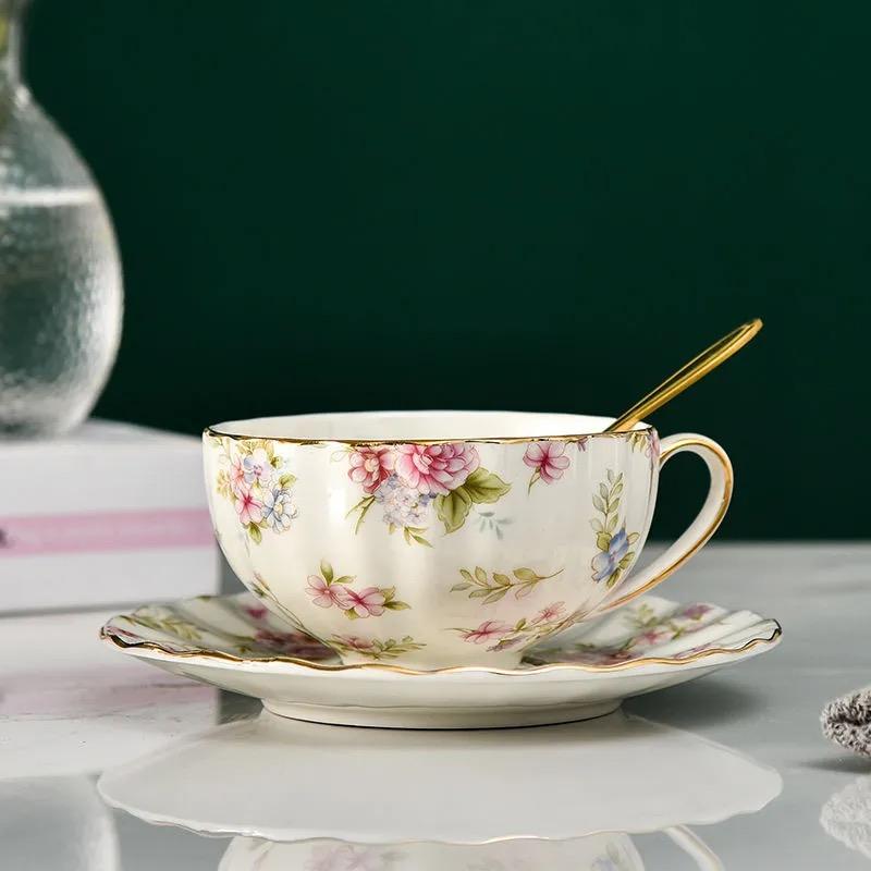 European Bone China Coffee Cup Set – Porcelain Cup, Saucer & Spoon Flowers Tea Set