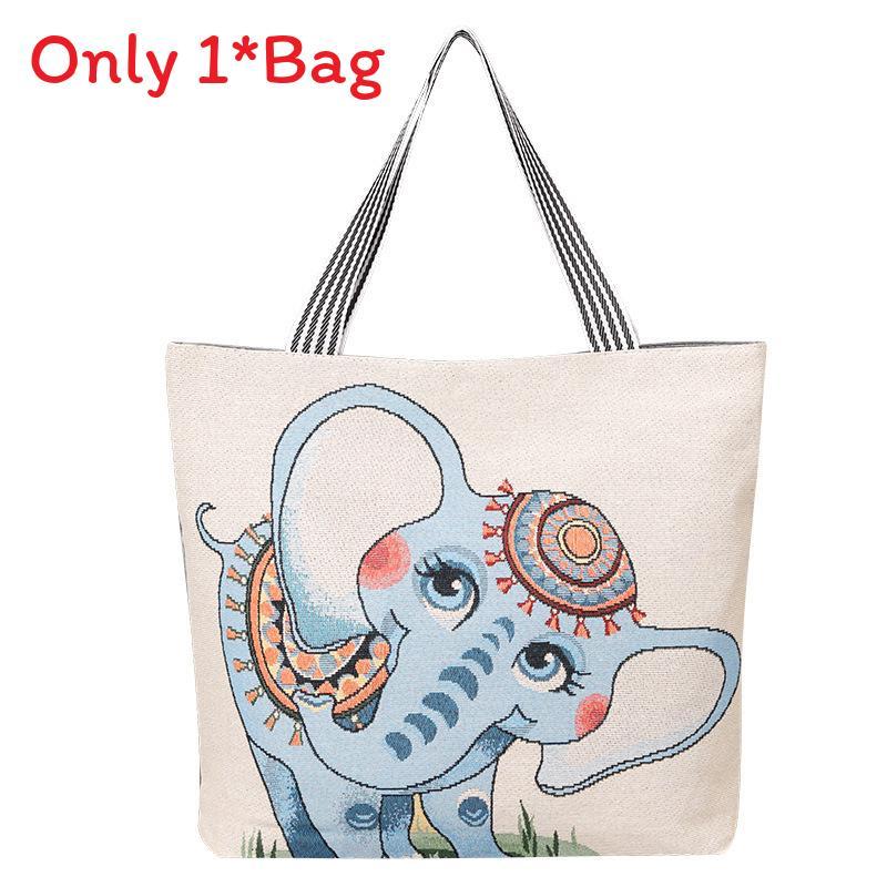 Elephant Hello Kitty Butterfly Embroidered Canvas Tote Bag With Seamed Stitching For Daily Use