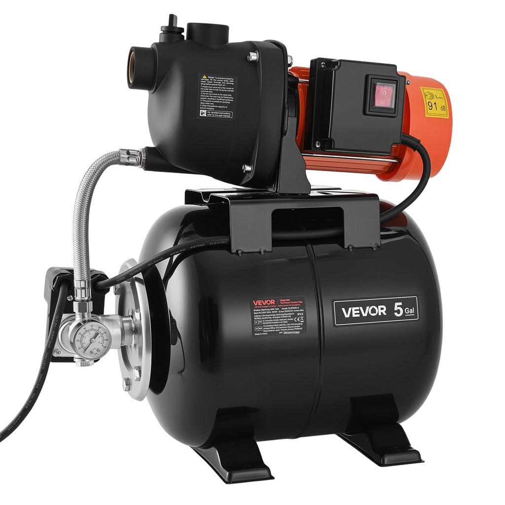 1,1 PS Flachbrunnenpumpe mit Druckbehälter, 230V 5000 LPH, Kunststoff-Bewässerungs-Jetpumpe mit 19 L Tank, Automatisches Wasserversorgungs- und Transfer-System,