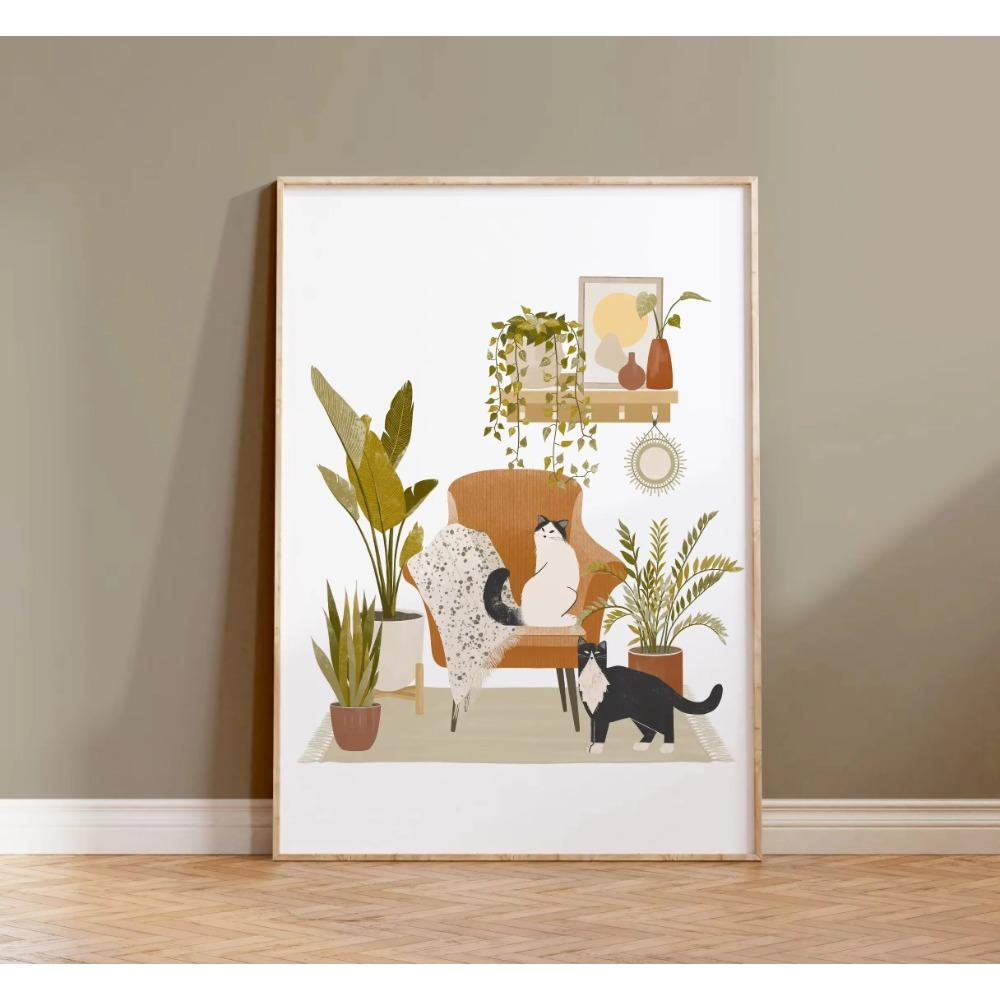 Watercolor Cute Kittens Potted Plant Canvas Print Cartoon Green Plants Animals Wall Art Postes for Modern Living Room Home Decor