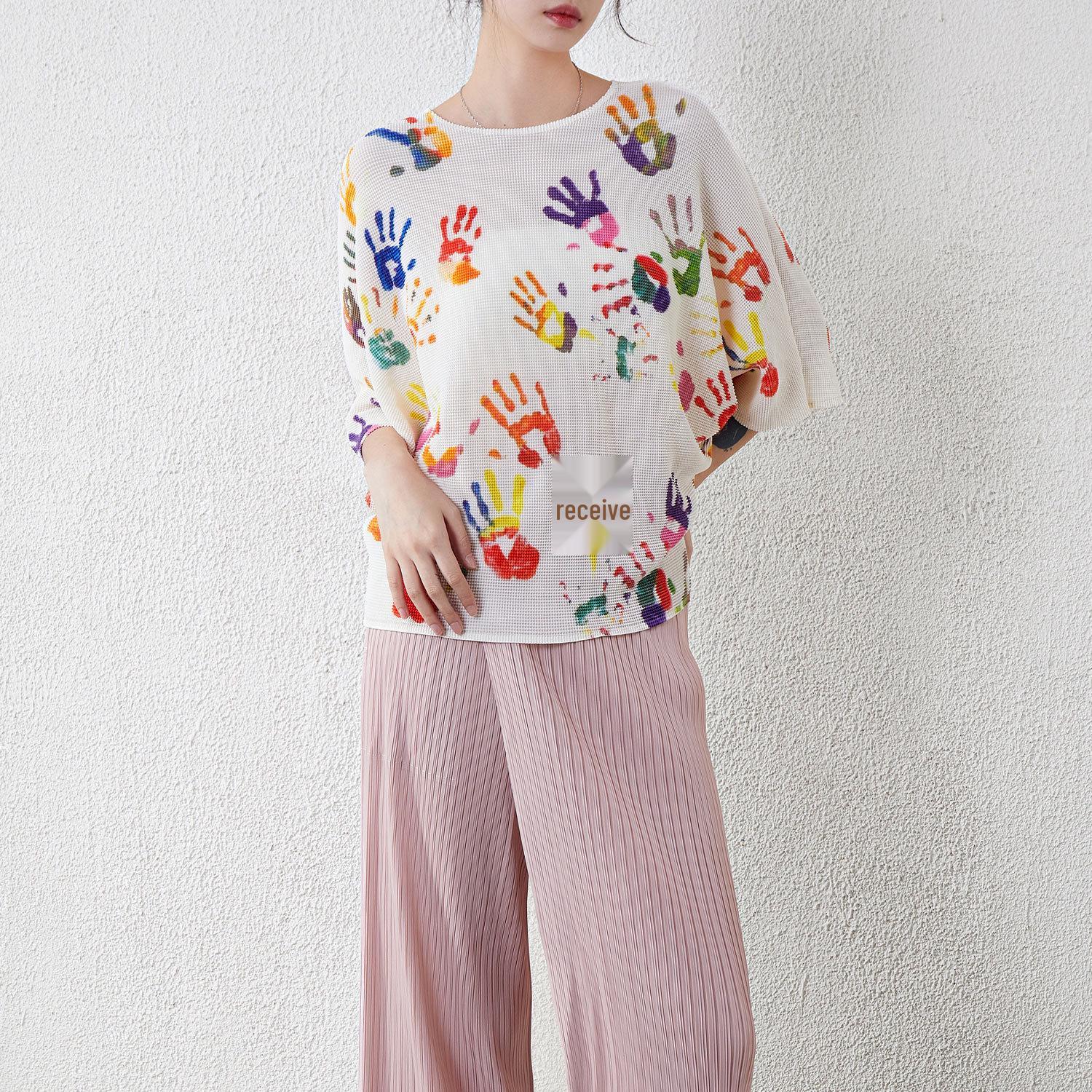 

Miyake Pleated Summer Batwing Sleeve Loose Fit Top for Women One Size (90-160) чёрный
