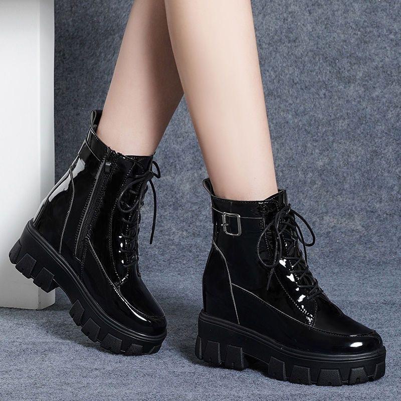 Patent leather glossy Martin boots winter soft leather inner height increase leather shoes middle tube