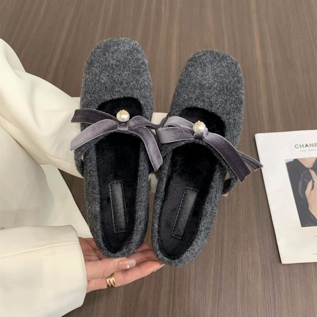 Inner Height Increase Pink Mary Jane Fluffy Shoes Women's Shoes 2024 Autumn and Winter Warm Cotton Shoes Bow Pearl Single Shoes