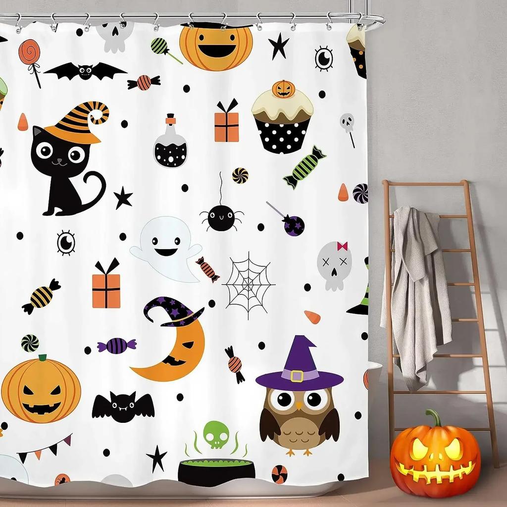 Skull Halloween Shower Curtain Scary Skull Flower Ghost Pumpkin Happy Bathroom Decoration Retro Shower Curtain